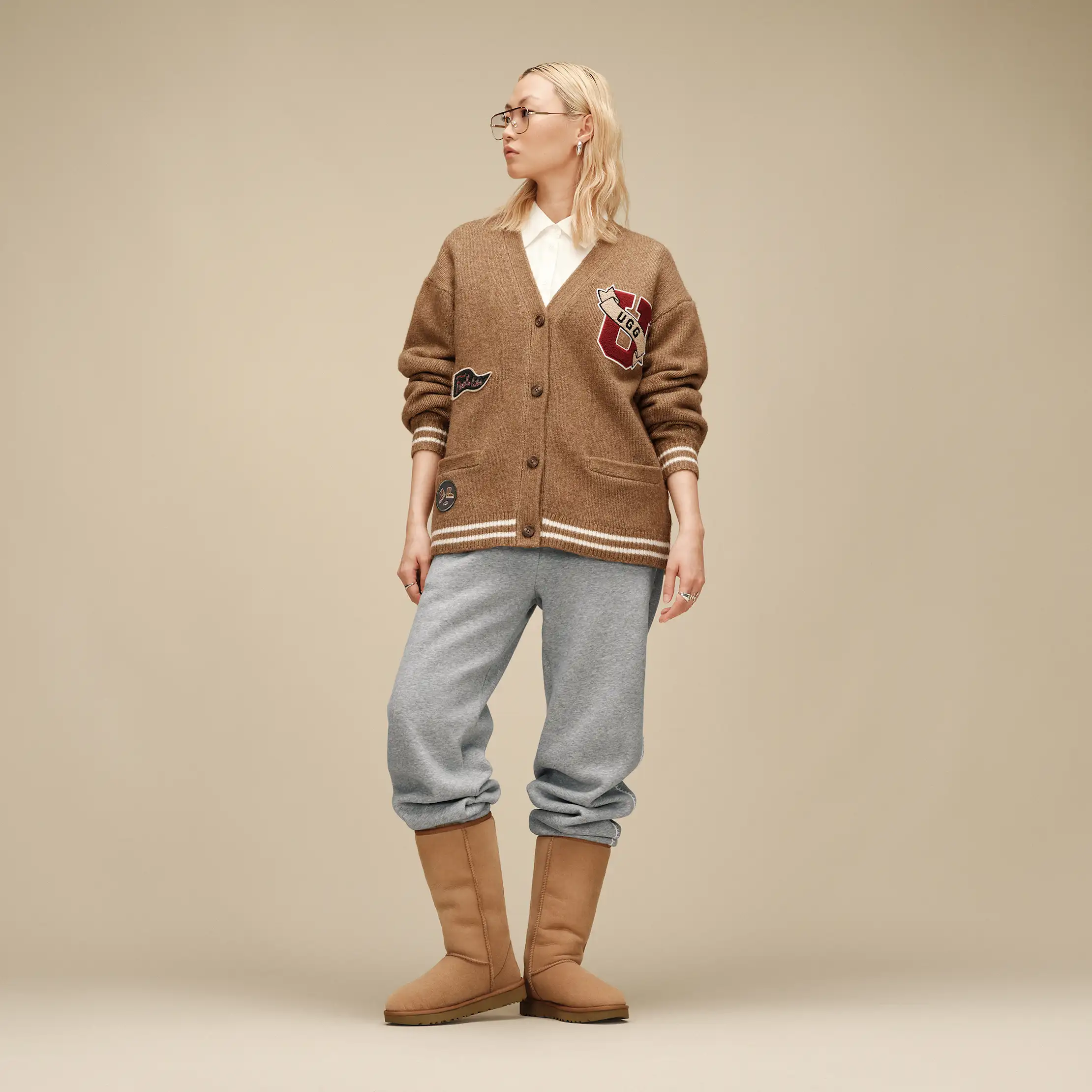 Varsity Casual: Tall Uggs with Cardigan and Collared Shirt — Ugg Boots Outfits