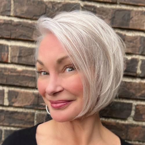 Textured Stacked Bob With Lighter Highlights Textured Stacked Bob With Lighter Highlights — Winter Haircuts for Gray Hair