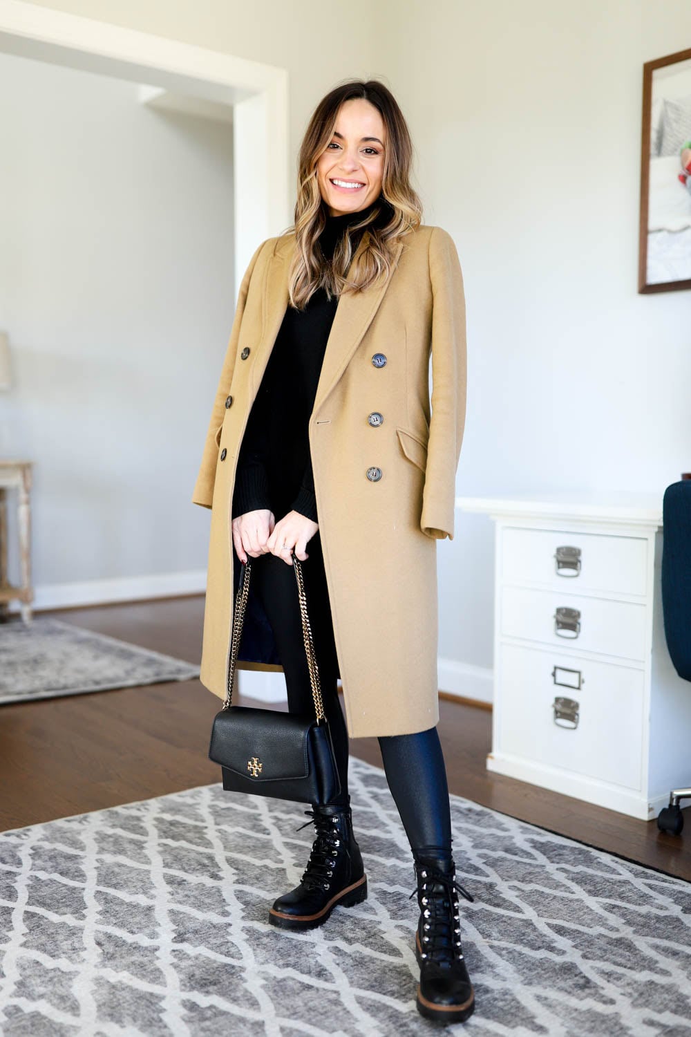 Black Lace-Up Combat Boots With a Camel Coat — Combat Boots Outfits