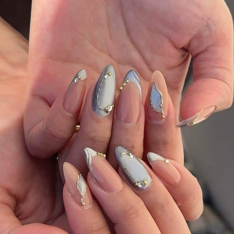 Nude Marble with Gold Accents — Winter Marble Nails