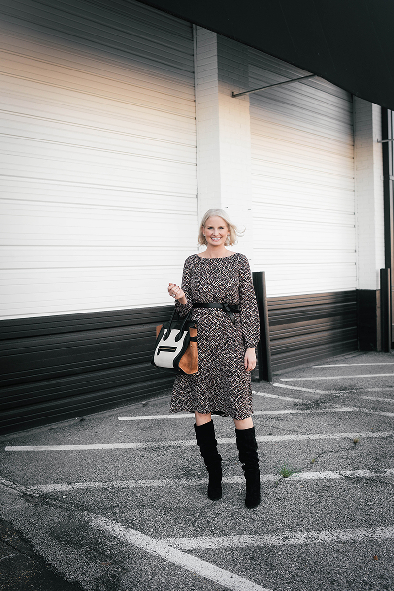 Black Suede Slouchy Boots with Printed Midi Dress — Slouchy Boots Outfits