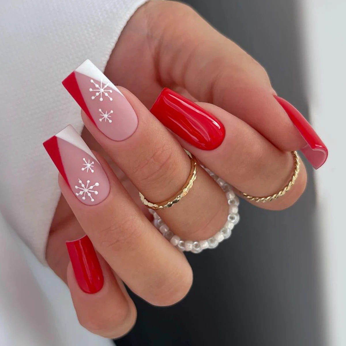 White Snowflakes On Accent Nails Glossy Red French Snowflake Nails White Snowflakes On Accent Nails Glossy Red French Snowflake Nails