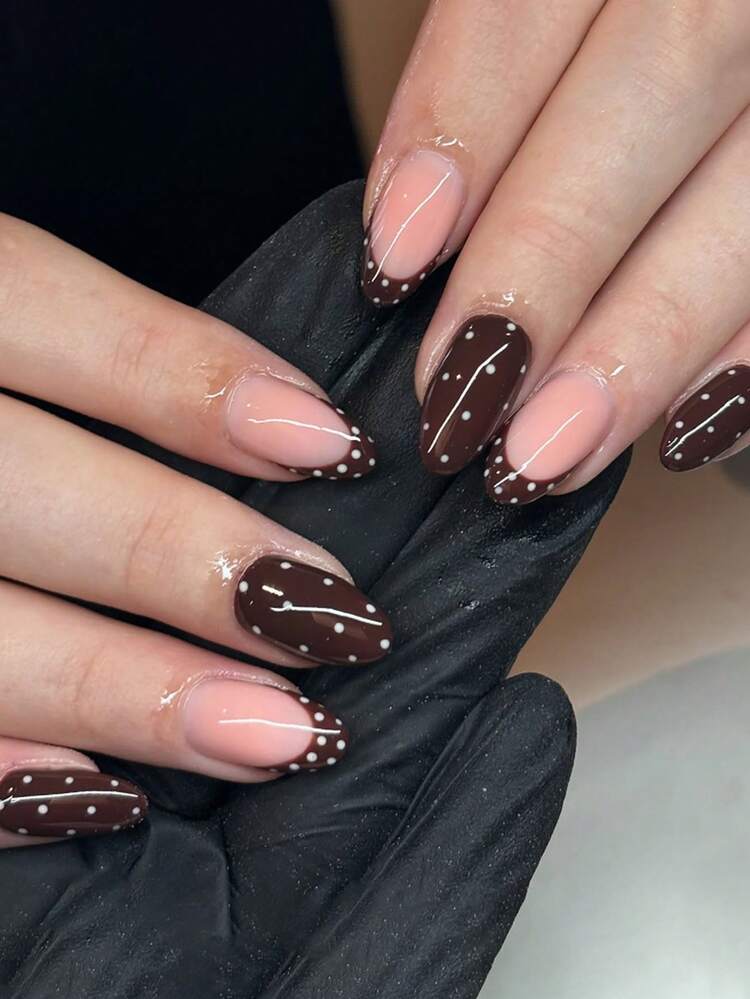 Polka Dot Brown French Tip Almond Nails — Brown Nail Designs