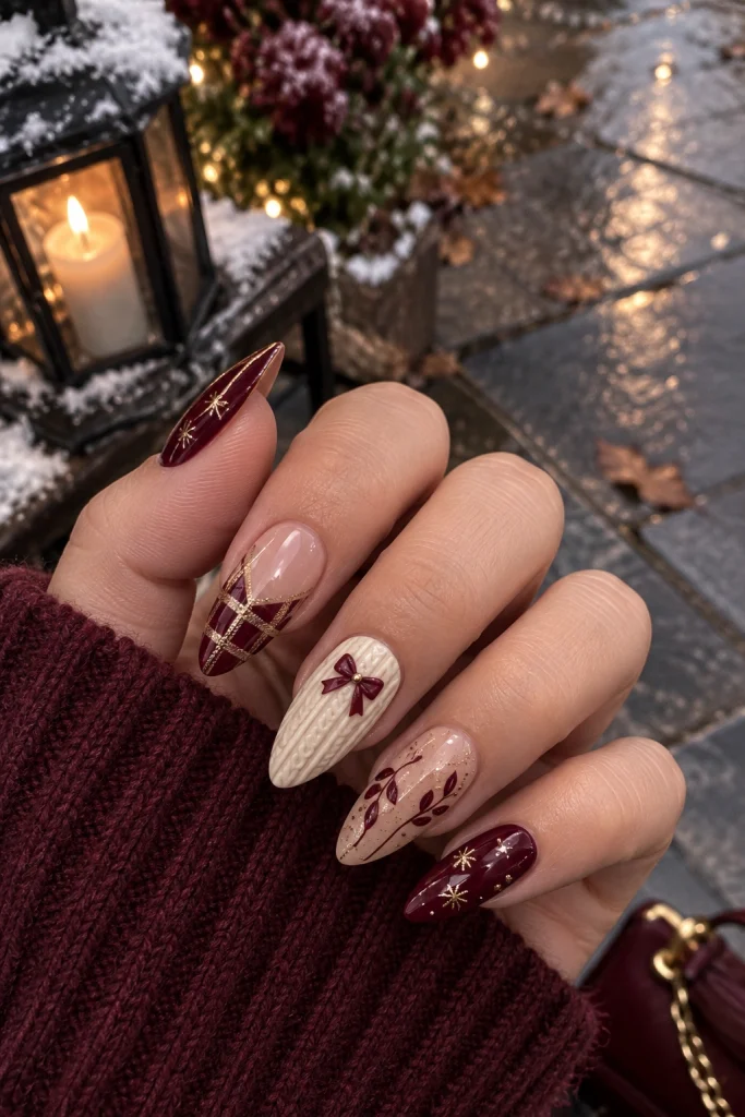 Autumnal Cream Knit and Plaid — Sweater Nails