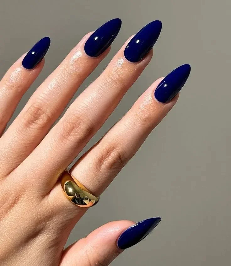 Deep Saturated Navy Blue Glossy Almond Nails — Winter Acrylic Nail Colors