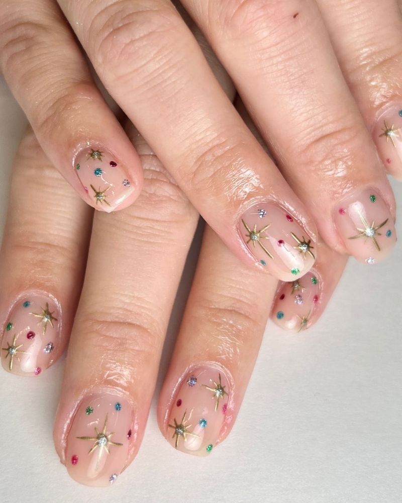 Nude Oval with Gold Starburst Sparkle Nude Oval with Gold Starburst Sparkle — Winter Nail Colors for Women Over 40