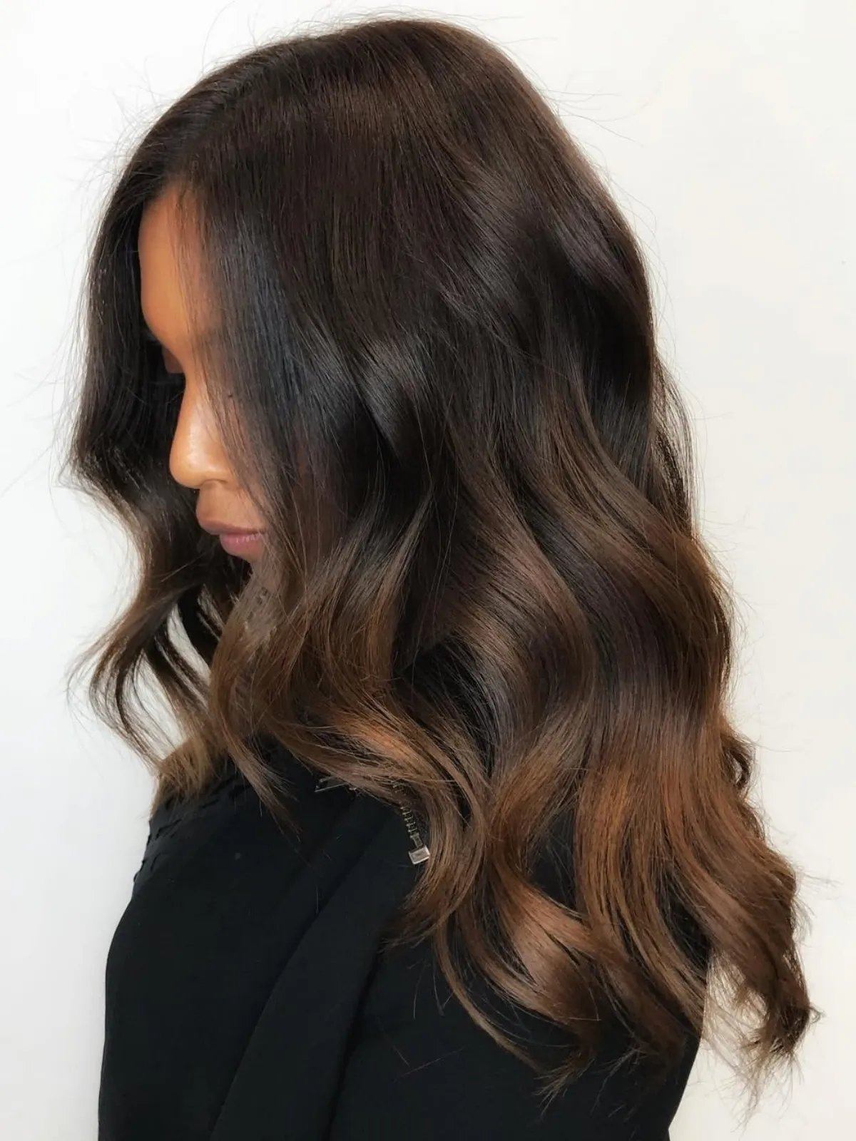 Long Layers Mid-Back Wavy With Soft Balayage Long Layers Mid-Back Wavy With Soft Balayage — Dark Chocolate Brown Hair