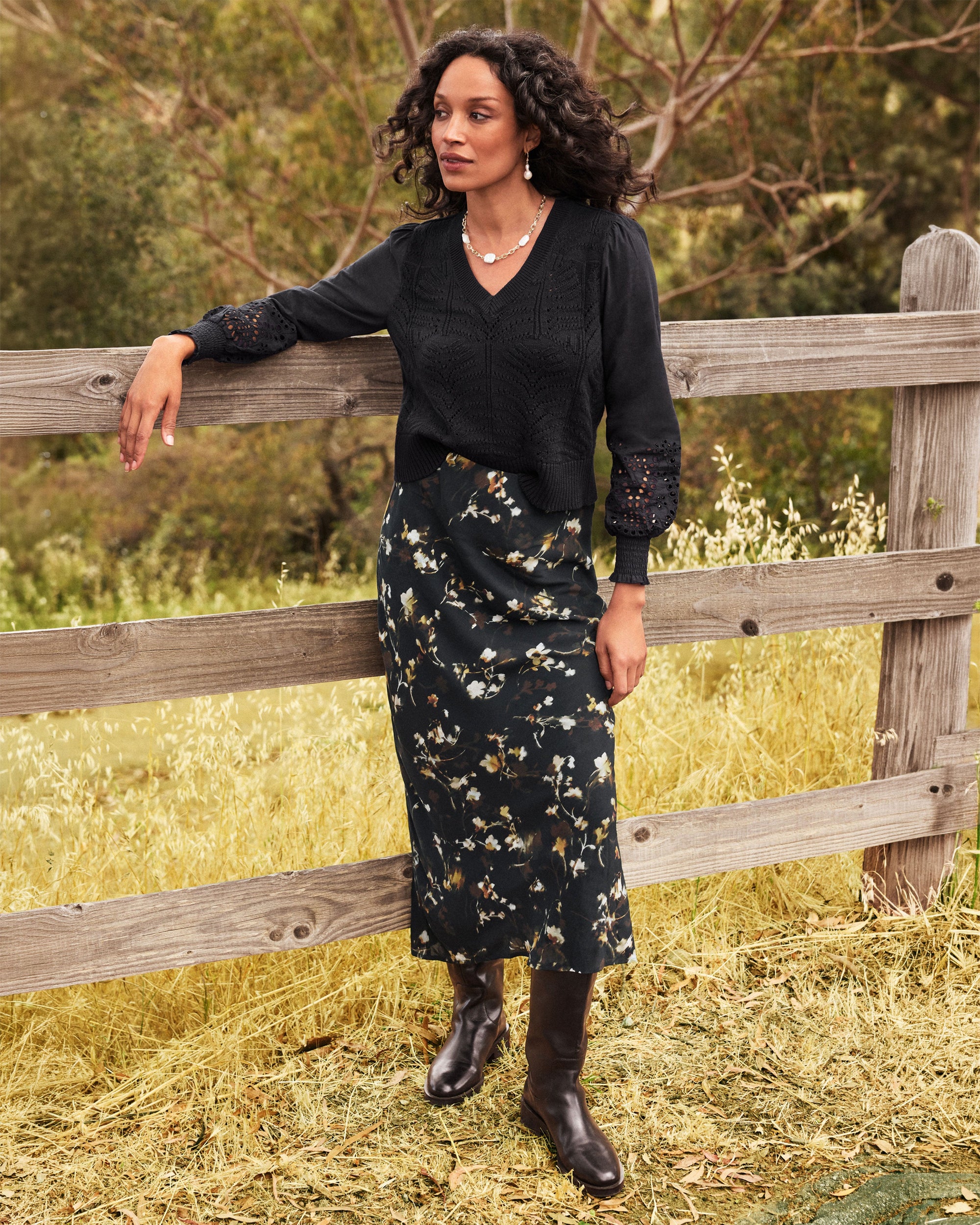 Black Knit Sweater with Floral Midi Skirt: Chic Fall Combination — Fall to Winter Outfits
