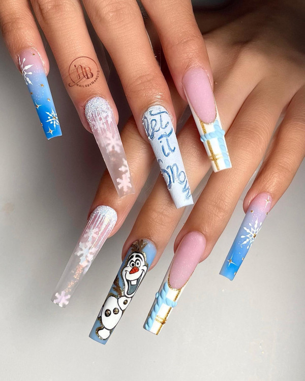 Olaf Character Blue Ombre Coffin Nails — Winter Acrylic Nails