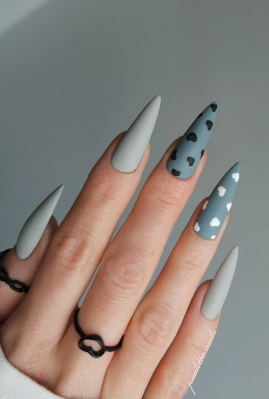 Matte Grey with White Heart Accents — Winter Nails