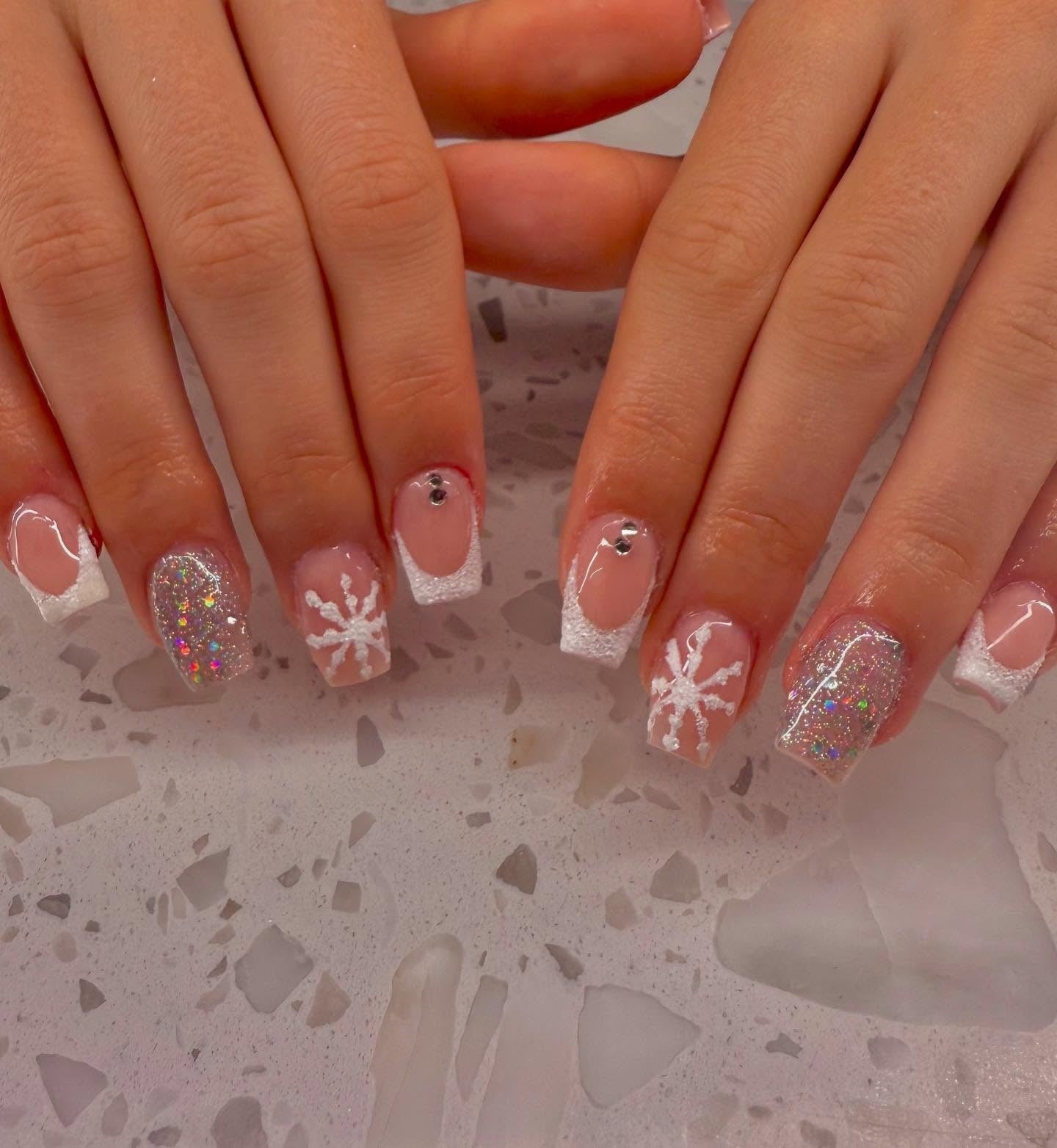 Glitter French & Rhinestone Snowflakes — Winter Squoval Nails