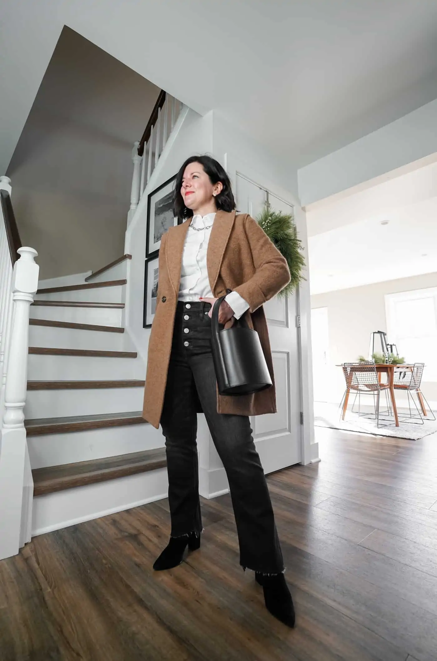 Camel Wool-Blend Coat Over Jeans and Boots for Dressy Casual Winter — Dressy Winter Outfits