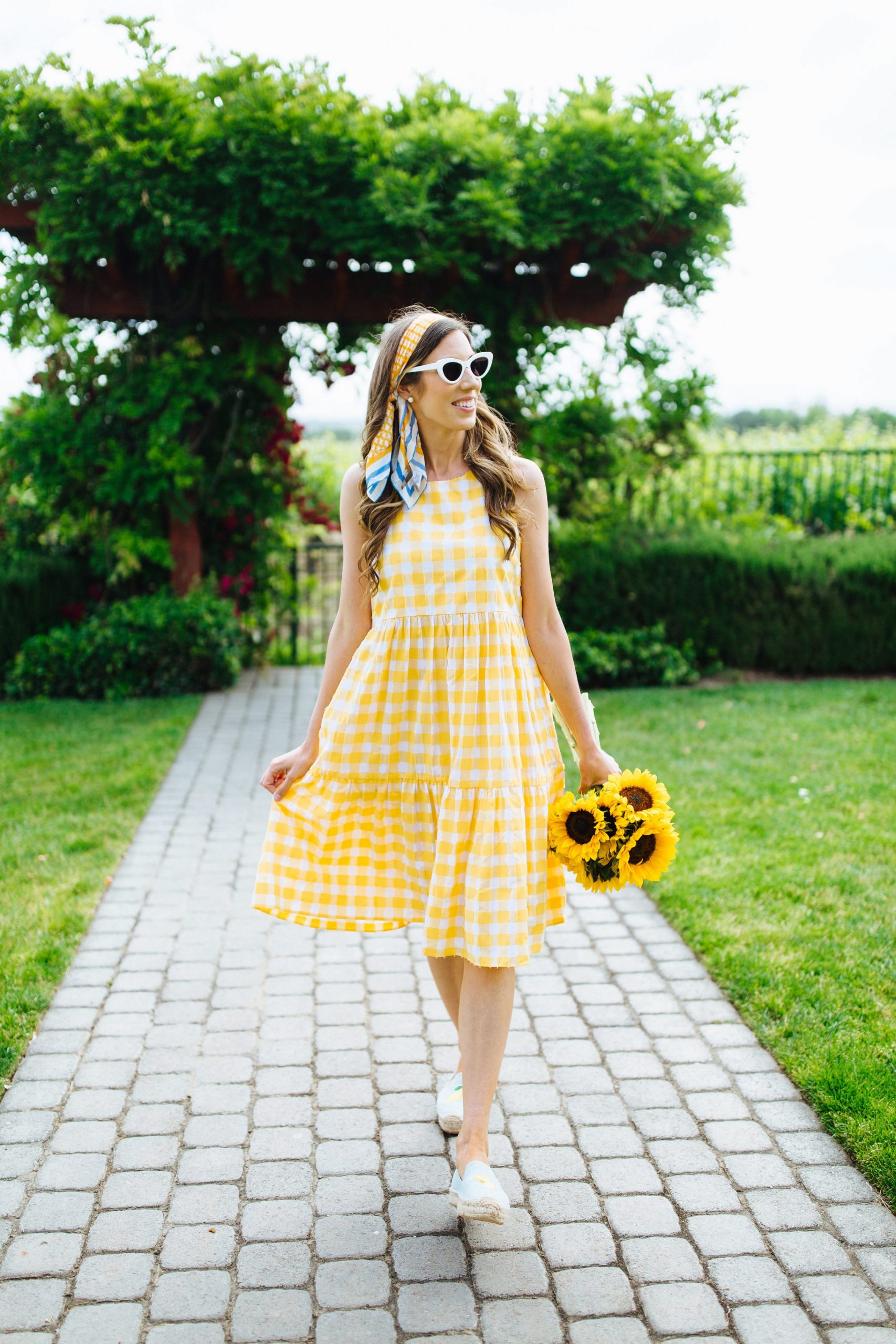 Blue and Yellow Polka Dot Headscarf Enhances Yellow Gingham Dress — Scarf Outfits
