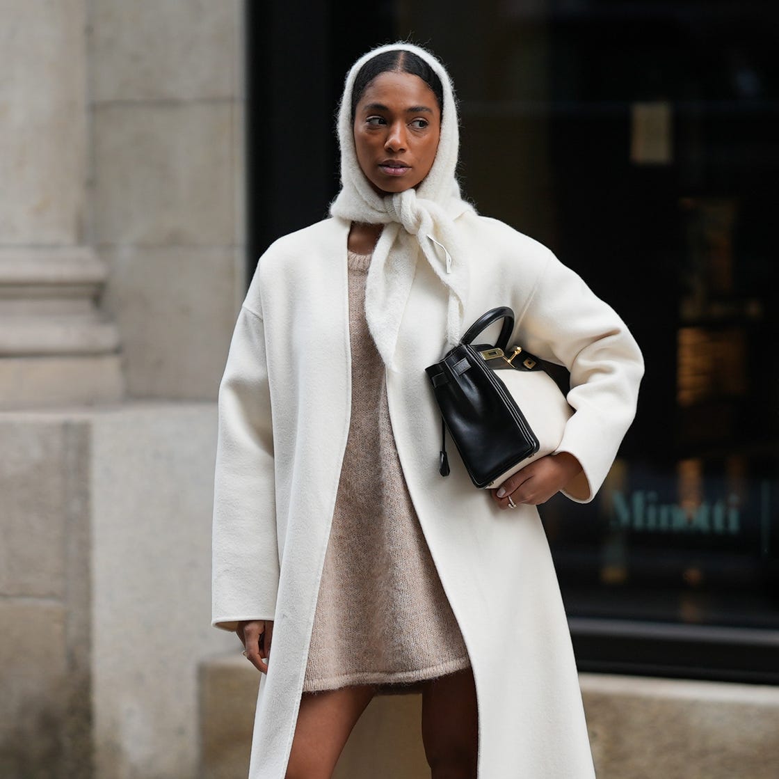 Chic White Wool Coat with Hood and Knit Dress — Wool Coat Outfits