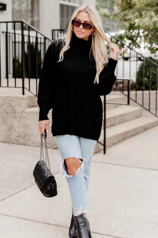 Textured Black Turtleneck with Ripped Jeans — Turtleneck Outfits