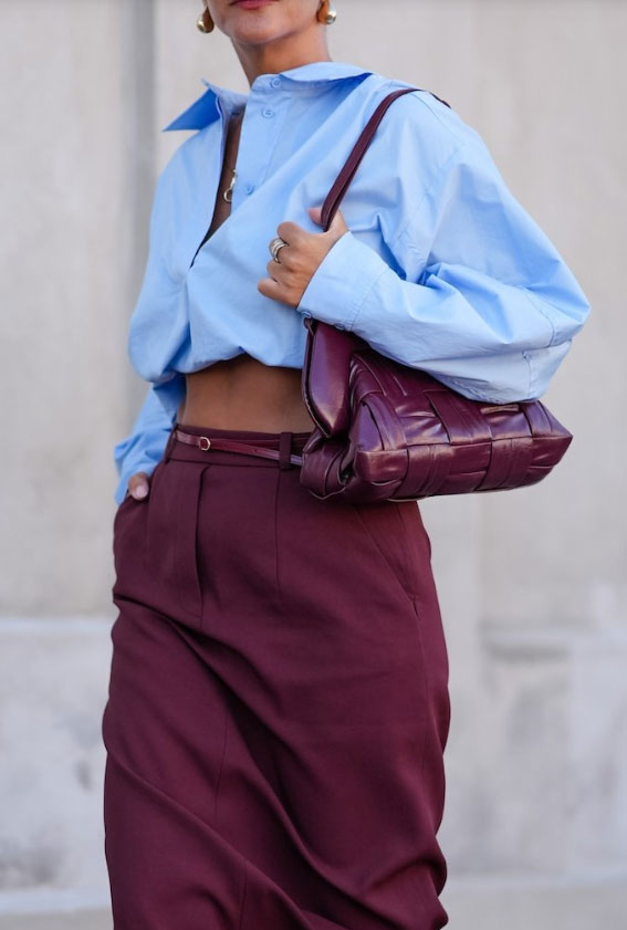 Smart Casual Midi Skirt with Oversized Button-Down Shirt — Burgundy Outfits