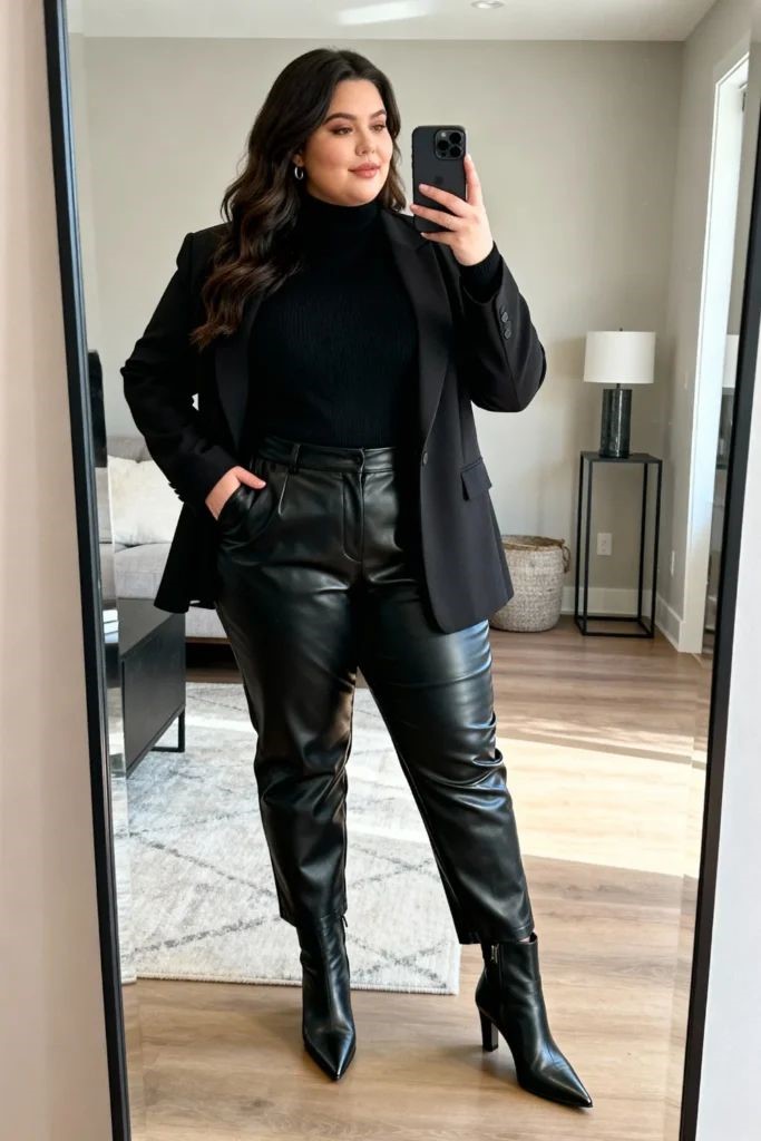 Monochromatic Power Dressing: Leather Trousers — Winter Outfits for Curvy Women