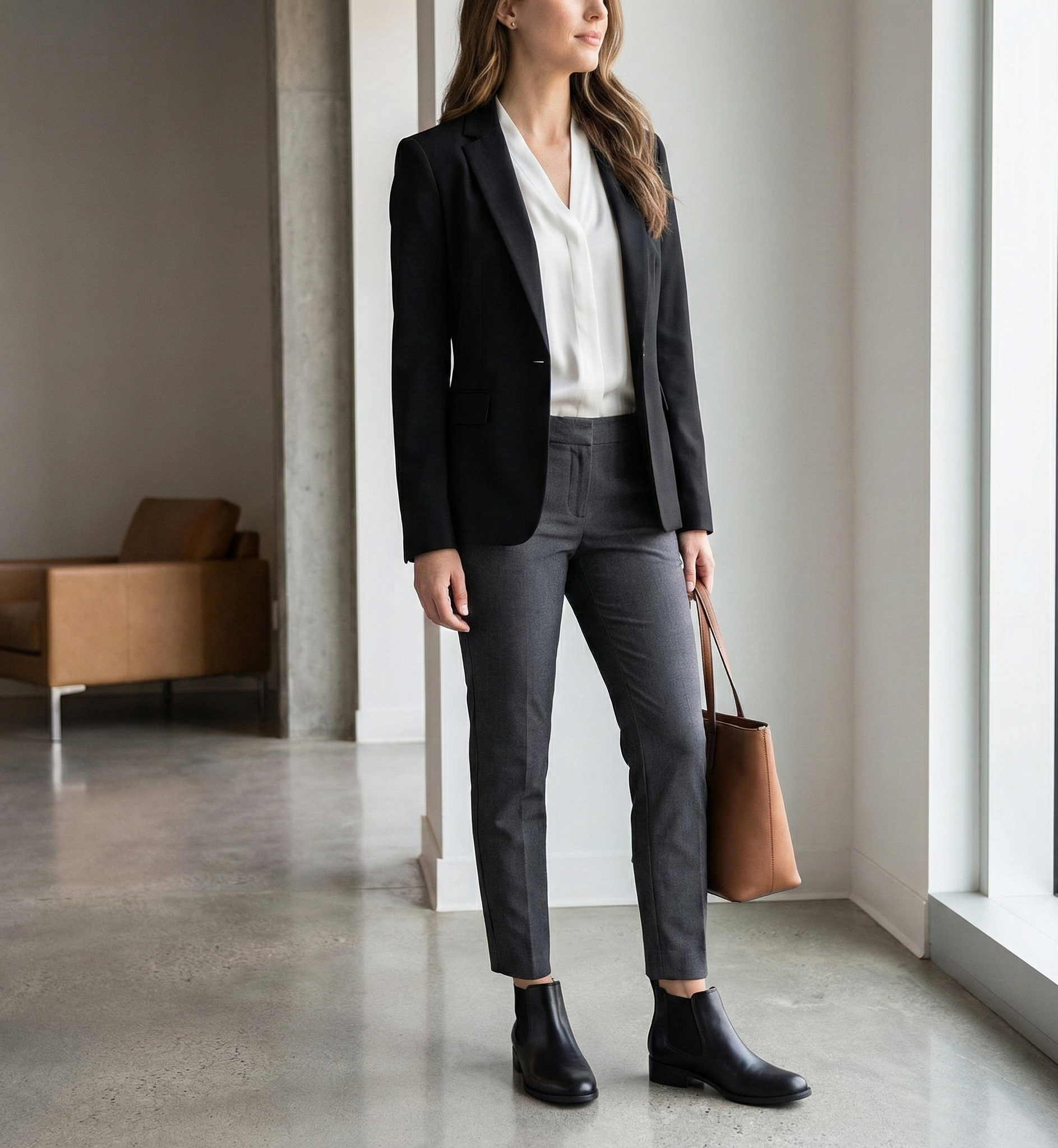Black Blazer White Blouse Black Chelsea Boots with Blazer and Grey Trousers for Business Casual Black Blazer White Blouse Black Chelsea Boots with Blazer and Grey Trousers for Business Casual — Chelsea Boots Outfits
