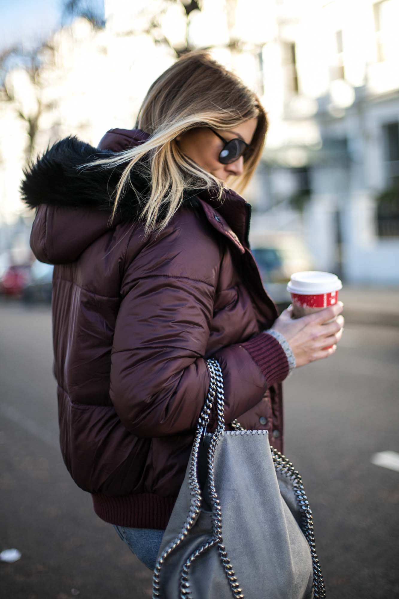 Burgundy Puffer with Fur Hood and Knit Burgundy Puffer with Fur Hood and Knit — Winter Puffer Jacket Outfits
