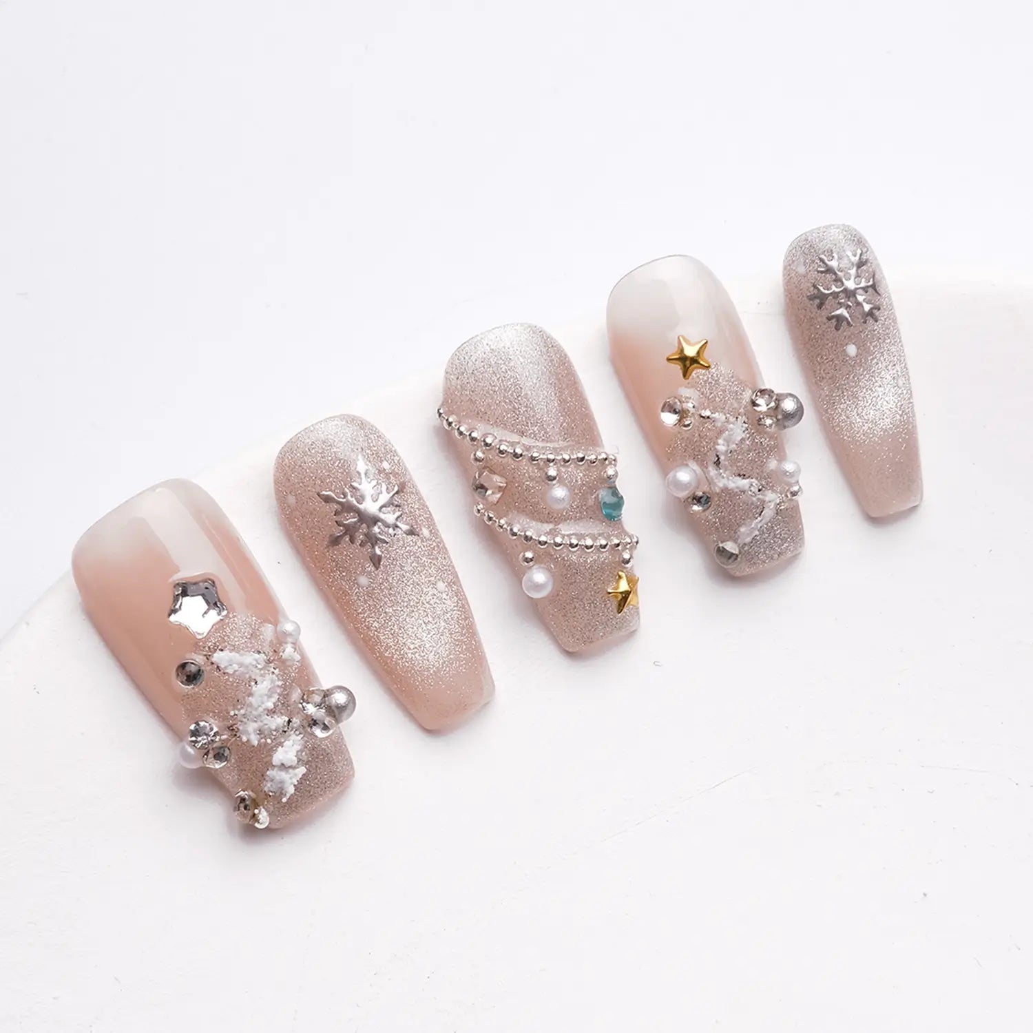 Medium Pale Pink Glitter Snowflake Crystal Pearl Coffin Nail Medium Pale Pink Glitter Snowflake Crystal Pearl Coffin Nail — Winter Coffin Nails
