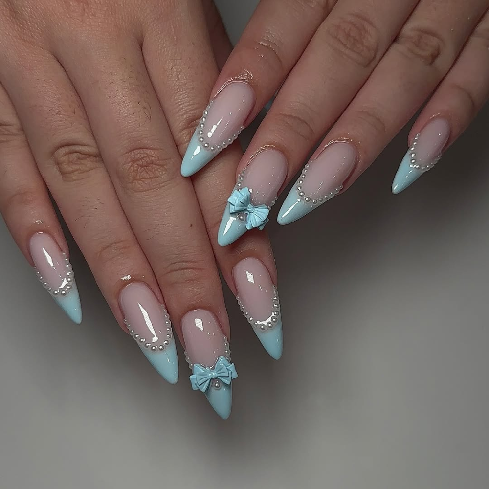 Long Stiletto Blue Bows and Pearls — Blue Nail Inspo