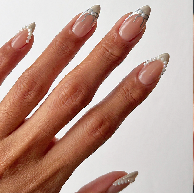 Pearl & Silver Accent French Almond Nails — Winter Wedding Nails