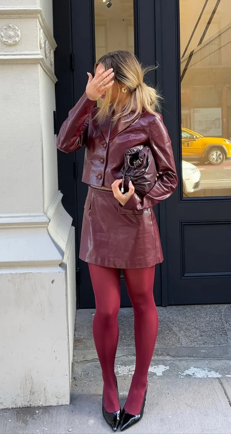 Night Out Glam: Burgundy Tights with a Matching Leather Set — Tights Outfits