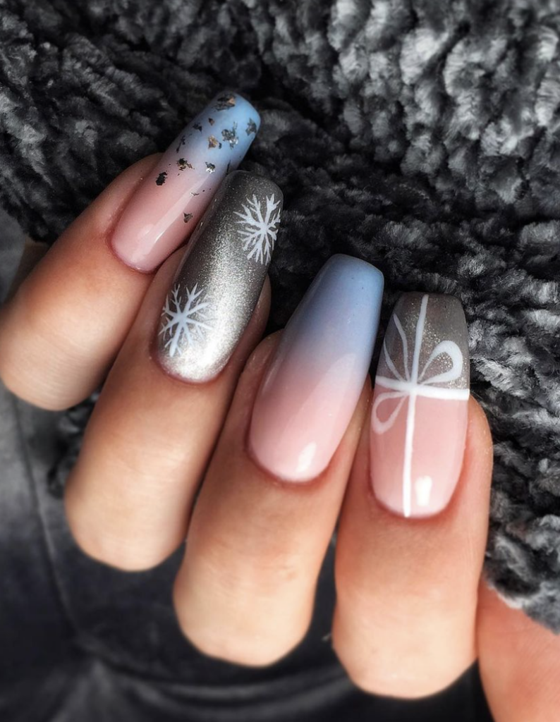 Pink to Blue Snowflake Coffin Nails — Winter Ombre Nails