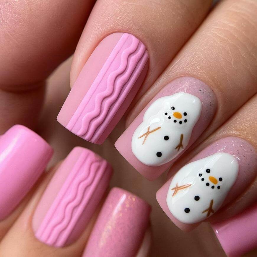 Medium Square Soft Pink with Snowmen and Cable Knit Medium Square Soft Pink with Snowmen and Cable Knit — Winter Pink Nails