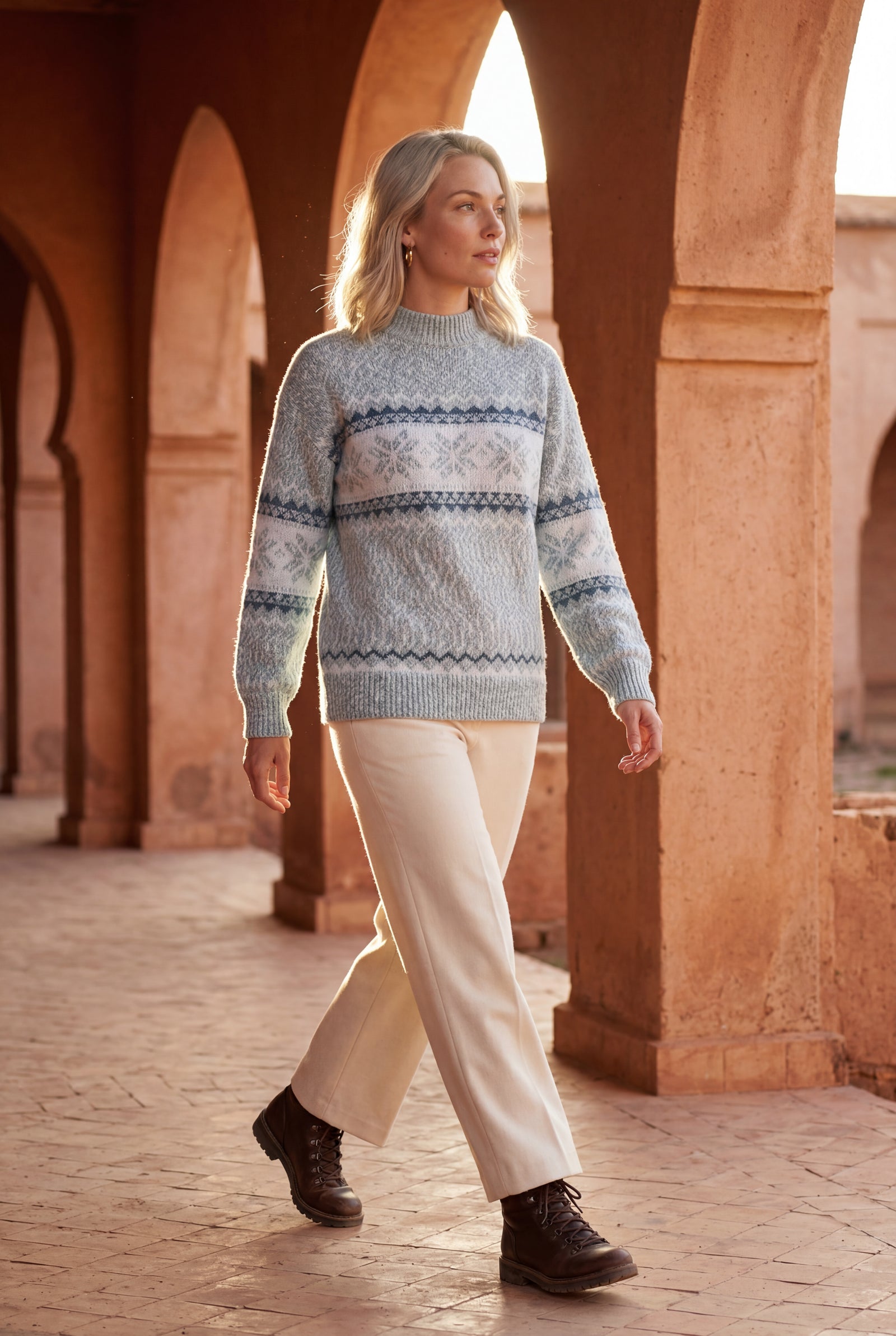Fair Isle Mock Neck Sweater with Wide-Leg Trousers and Lace-Up Boots Fair Isle Mock Neck Sweater with Wide-Leg Trousers and Lace-Up Boots — Fair Isle Sweater Outfits