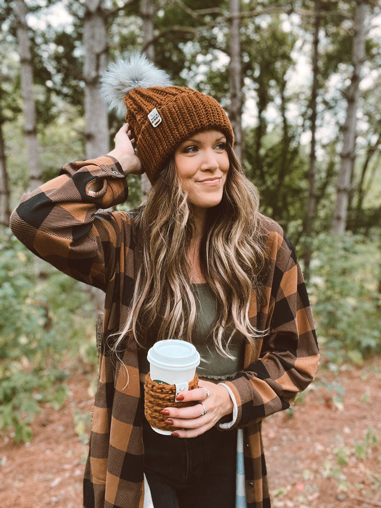Brown Pompom Beanie with Plaid Shacket — Beanie Outfits