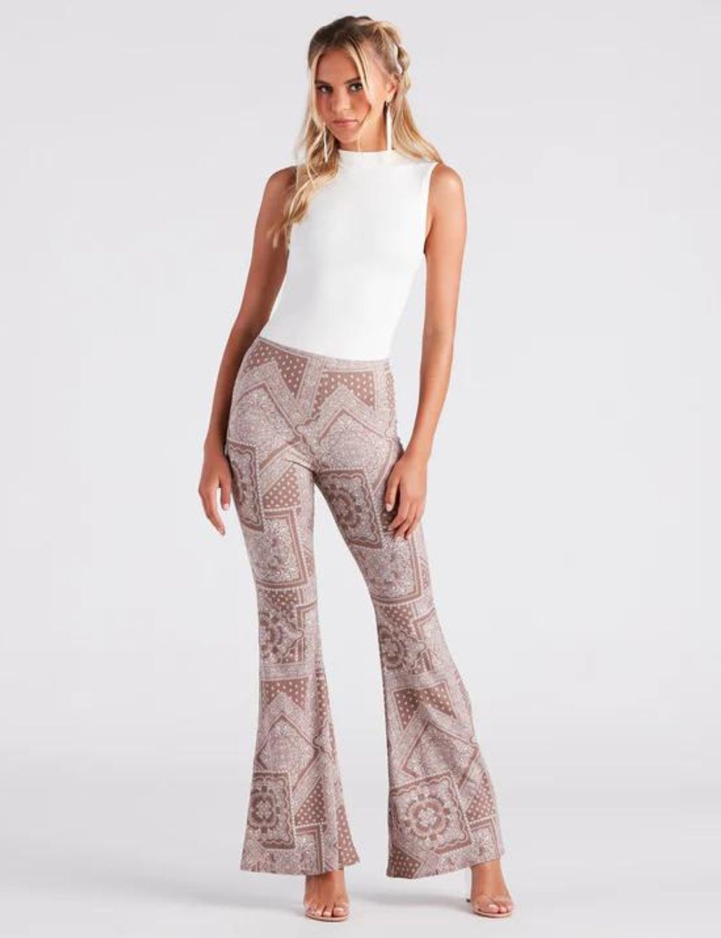 Patterned Flare Leggings with Mock Neck Top — Flare Leggings Outfits