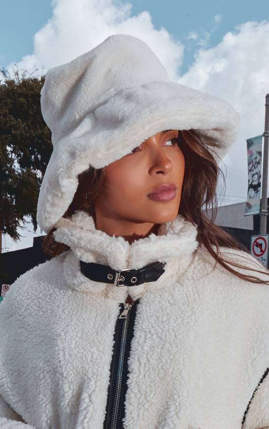 Cream Fuzzy Bucket Hat with Matching Jacket — Fur Hat Outfits
