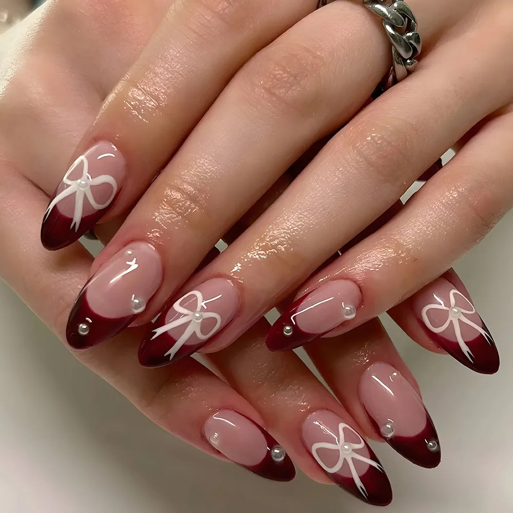 Burgundy French Bow Art Nails Burgundy French Bow Art Nails — Burgundy Nails