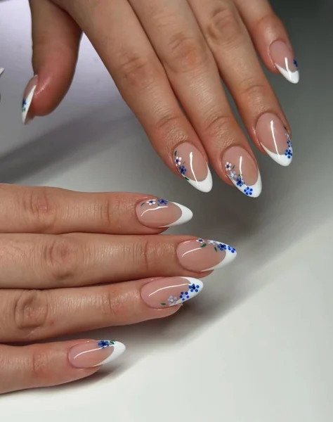 Glossy Blue Floral French Tips Glossy Blue Floral French Tips — French Nail Designs