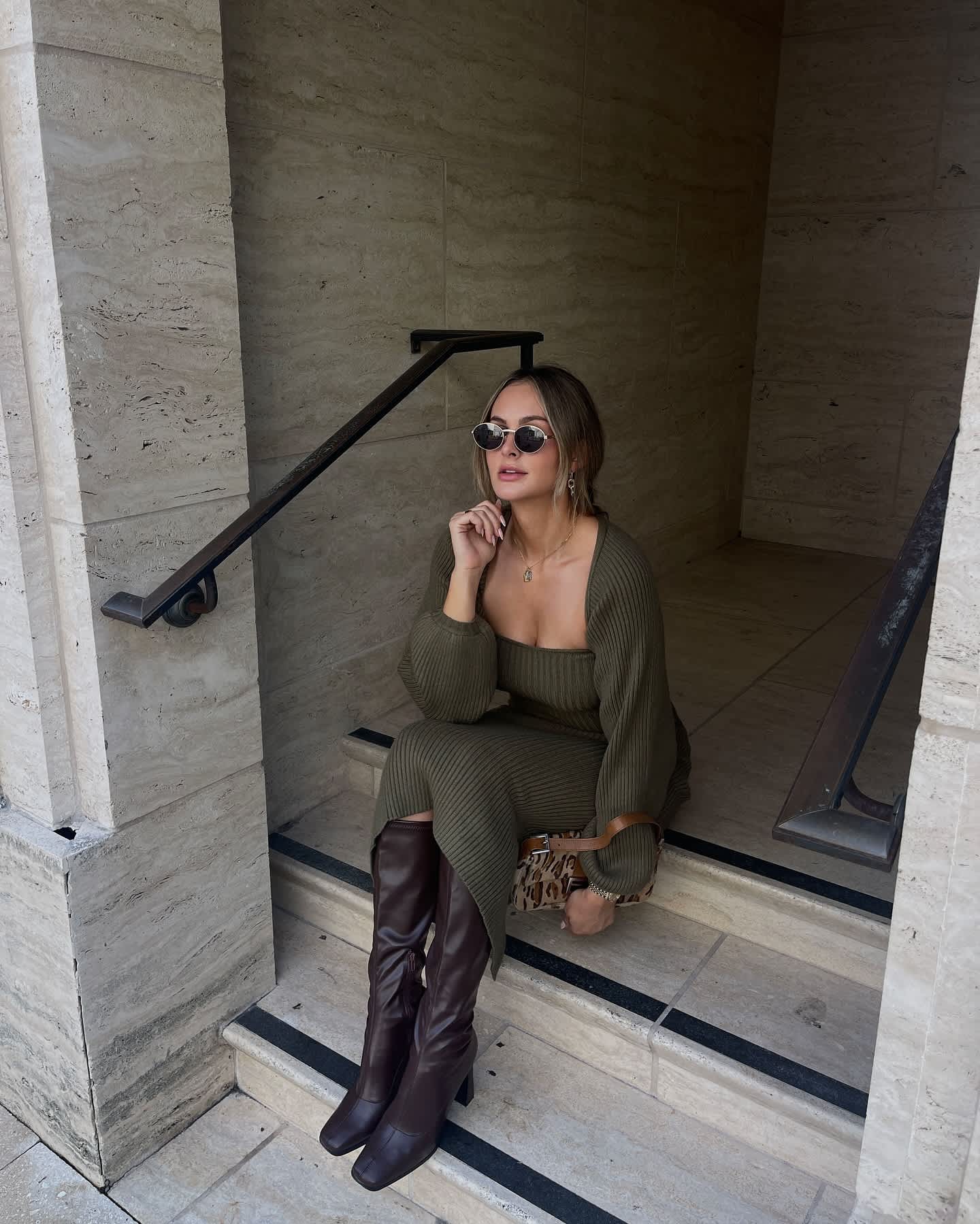 Olive Green Square Neck Sweater Dress with Leopard Clutch Olive Green Square Neck Sweater Dress with Leopard Clutch — Sweater Dress Outfits