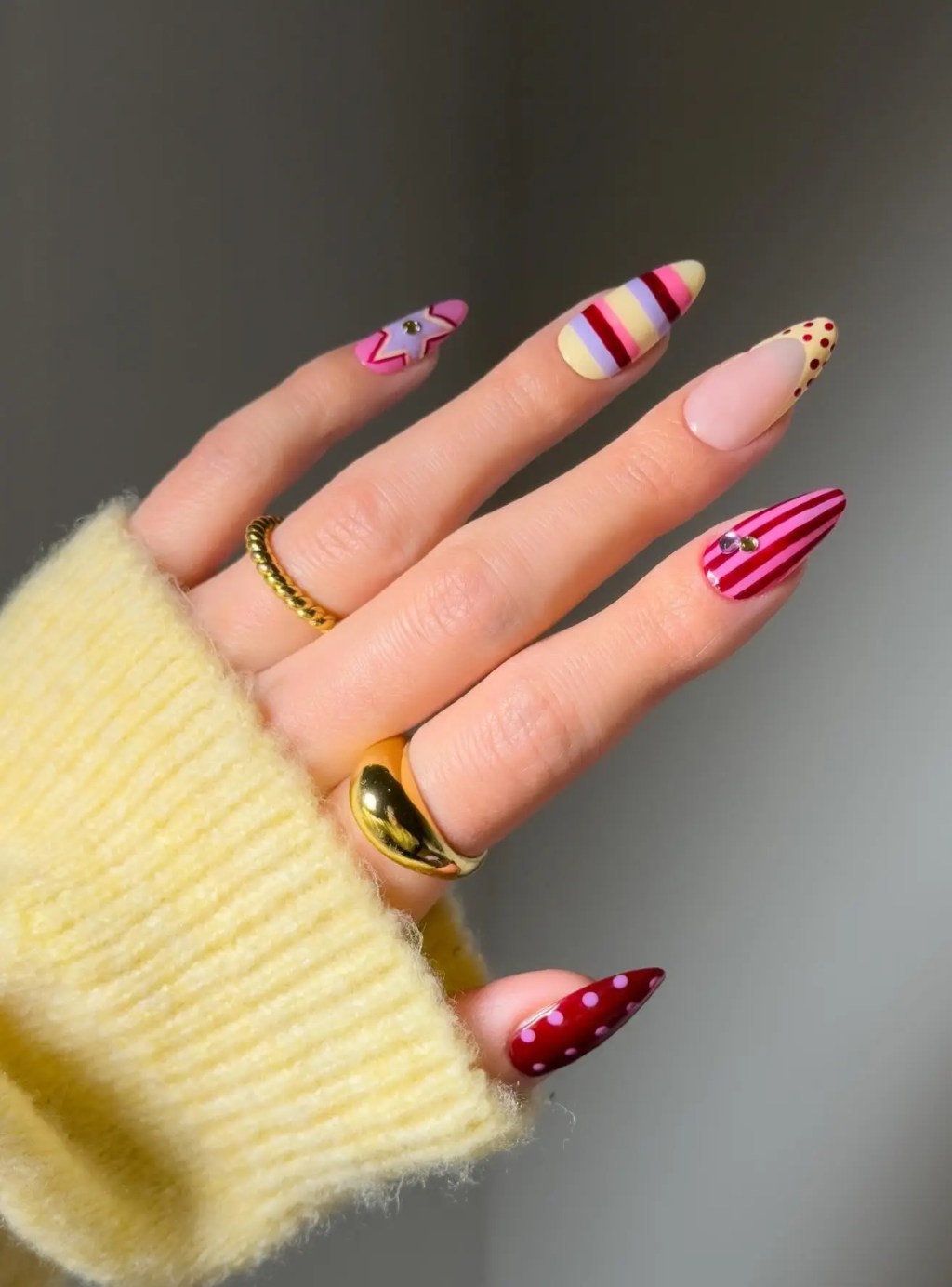 Long Almond Striped Polka Dot Star Nails Long Almond Striped Polka Dot Star Nails — Almond Nail Designs