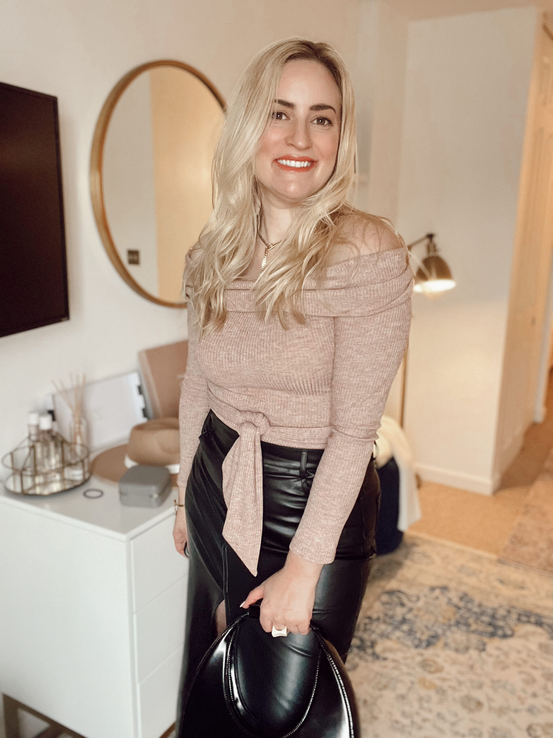 Night Out Allure: Black Leather Midi Skirt with Off-the-Shoulder Top and Pumps Leather Skirt Outfits