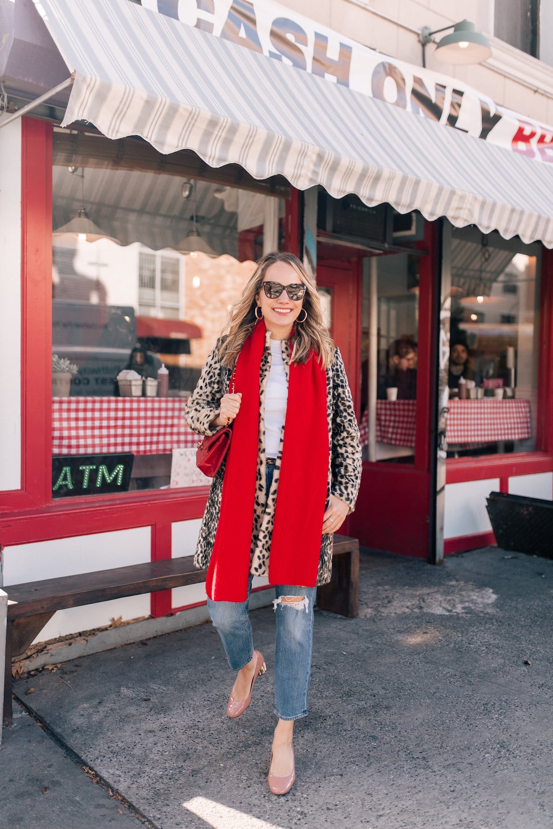 Leopard Coat with Red Scarf and Pink Flats Leopard Coat with Red Scarf and Pink Flats — Leopard Coat Outfits