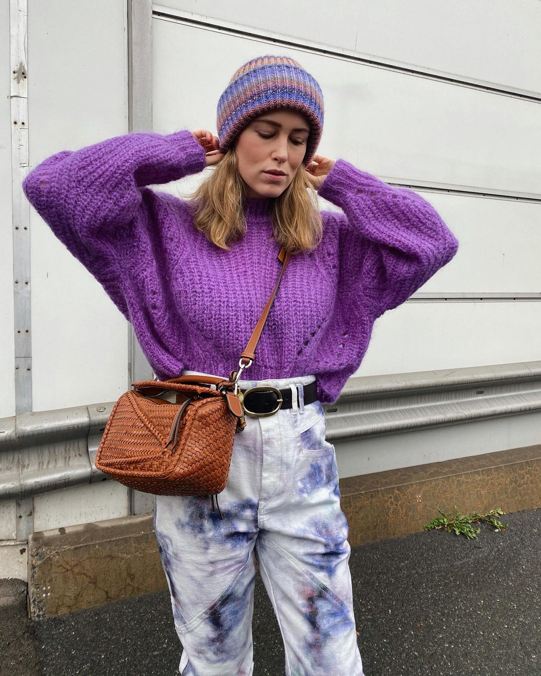 Multicolored Beanie with Oversized Purple Sweater — Beanie Outfits