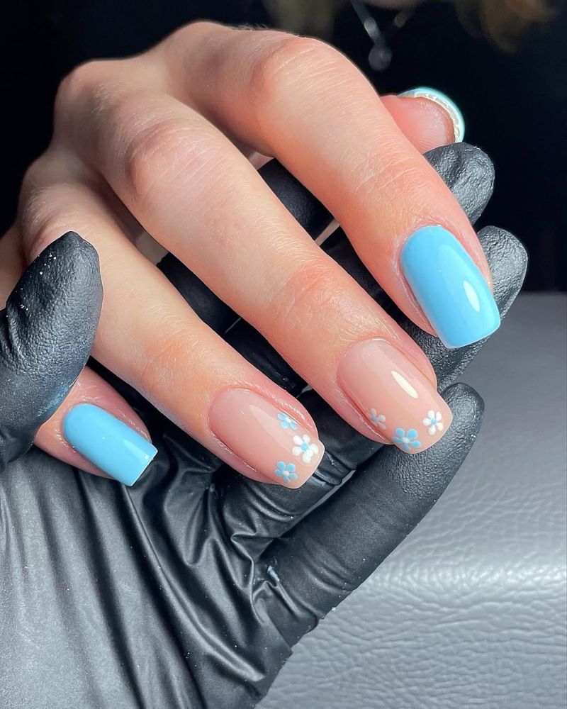 Short Square Blue with Floral French Accents — Winter to Spring Transition Nails
