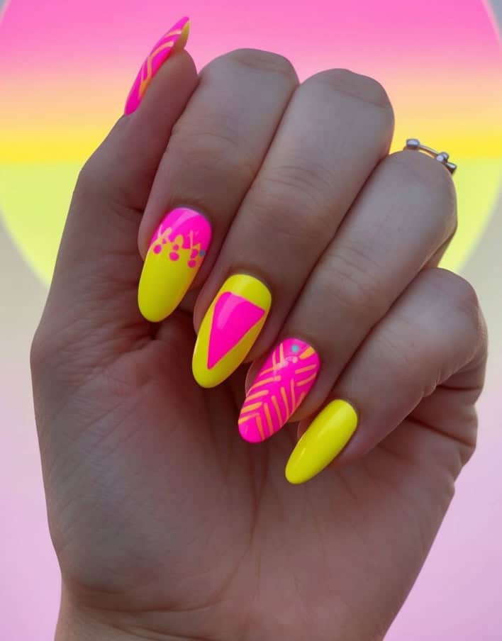 Medium Coffin Yellow Neon Pink Geometric Nails Medium Coffin Yellow Neon Pink Geometric Nails — Yellow Nail Designs