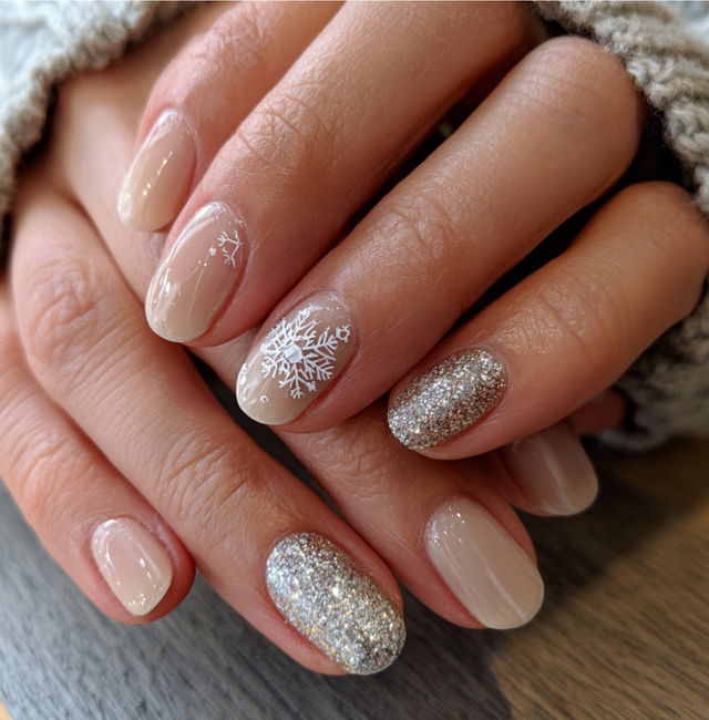 Nude Snowflake Glitter Nails Nude Snowflake Glitter Nails — Winter Nail Designs