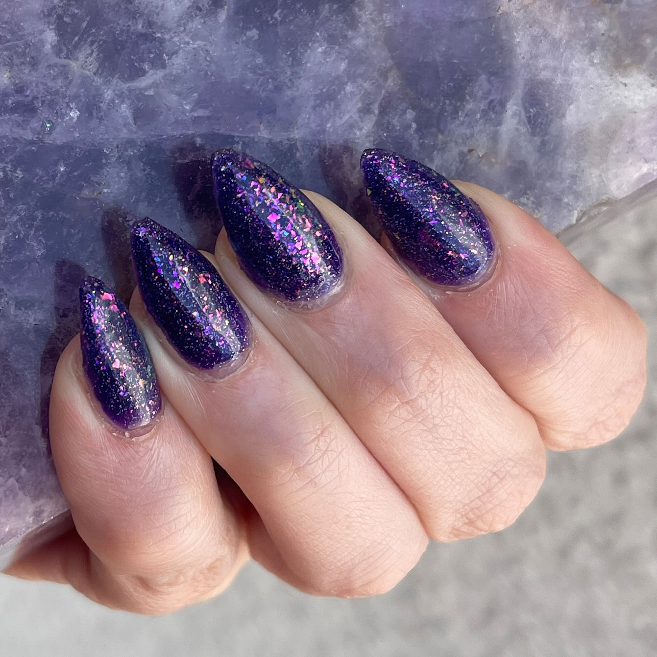 Dark Purple Holographic Glitter Almonds — Winter Purple Nails