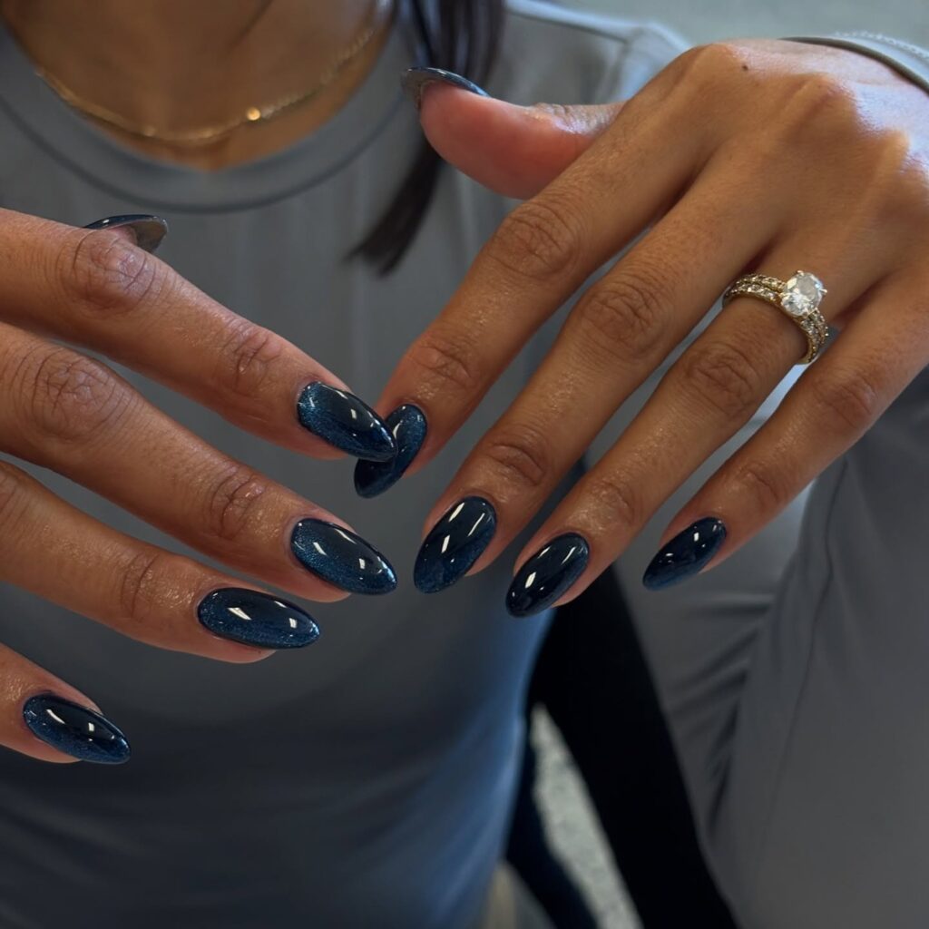 Shimmering Navy Blue Almond Nails Shimmering Navy Blue Almond Nails — Winter Nail Colors