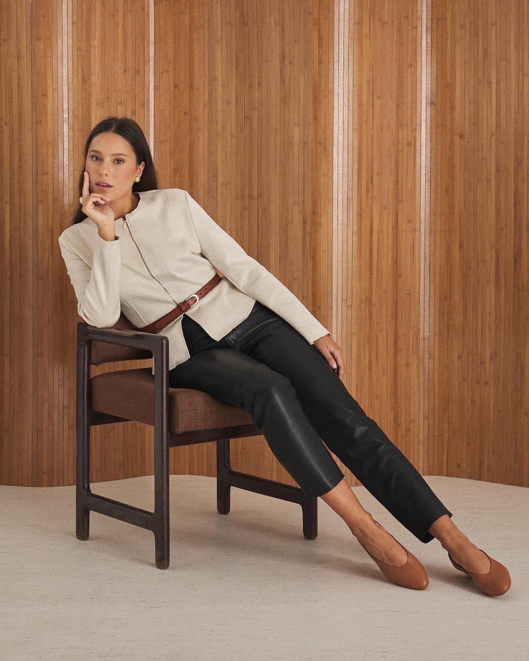 Cream Jacket and Tan Flats with Black Leather Trousers Cream Jacket and Tan Flats with Black Leather Trousers — Leather Pants Outfits