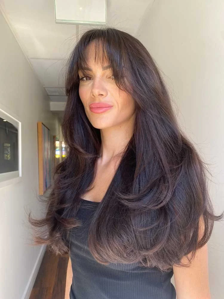 Long Layered Dark Brown With Ombre Long Layered Dark Brown With Ombre — Winter Haircuts with Bangs
