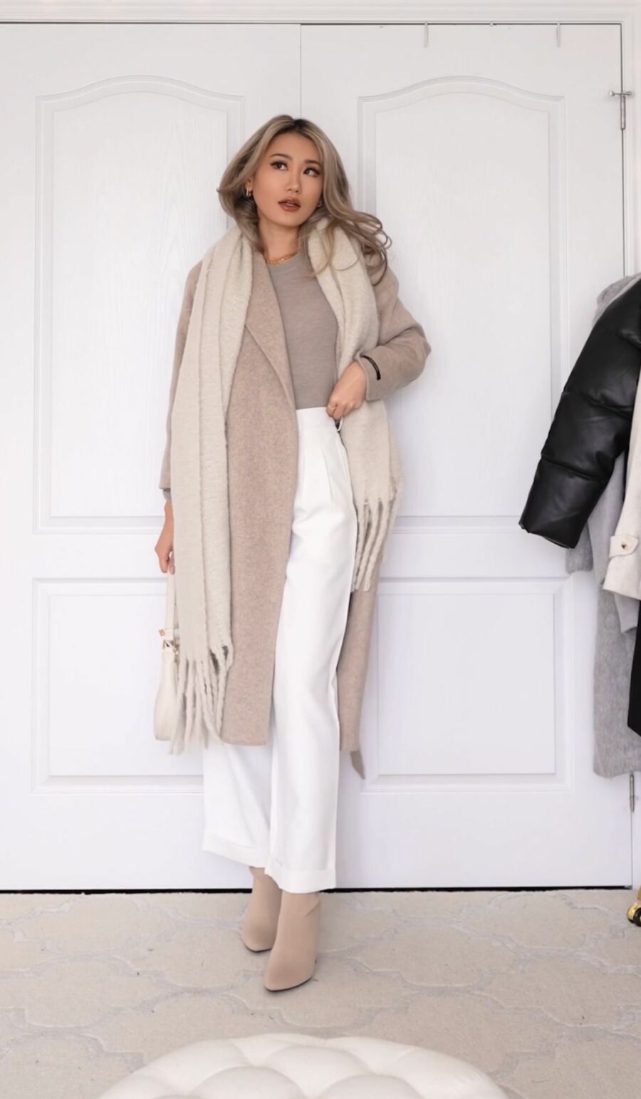 Beige Wool Coat with Fringe Scarf: Cozy and Chic Fall Layers — Fall to Winter Outfits