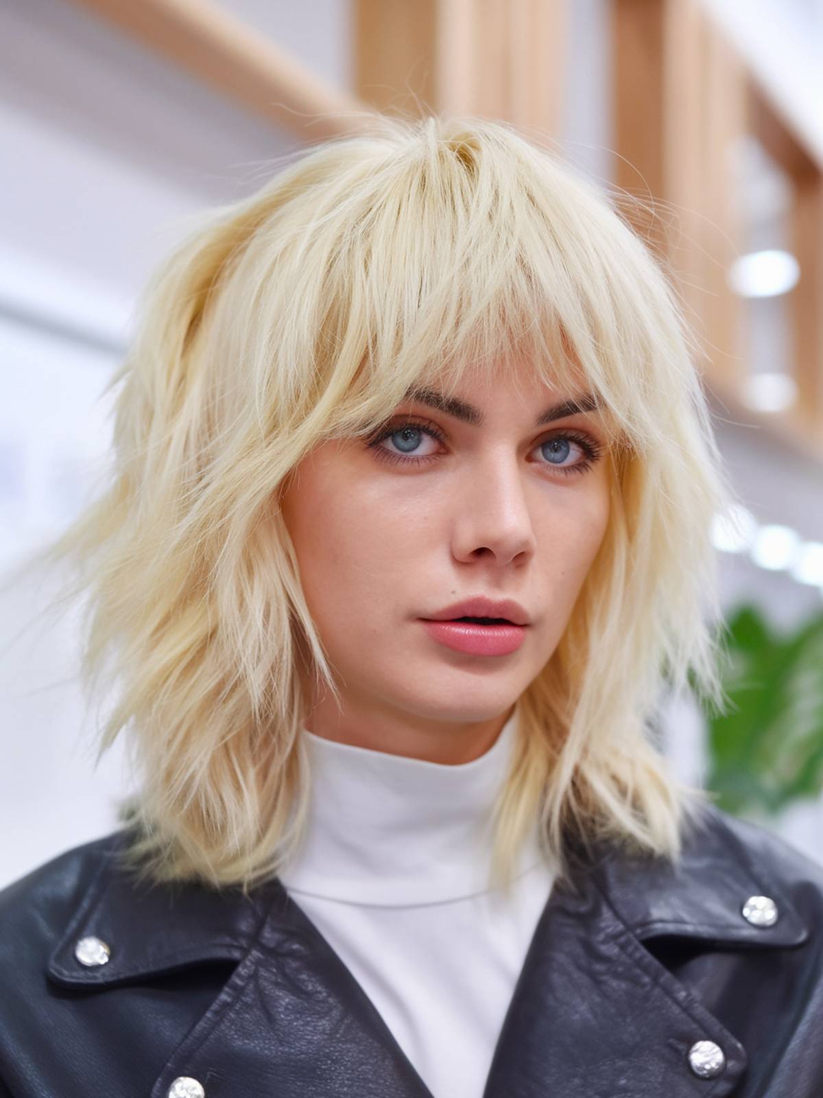 Platinum Blonde Collarbone Shag With Full Bangs Platinum Blonde Collarbone Shag With Full Bangs — Winter Shag Haircuts
