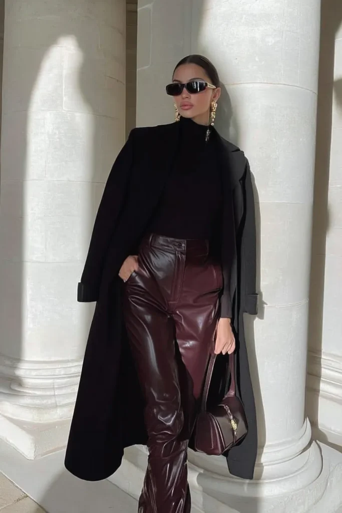 Elegant Evening Look: Burgundy Leather Trousers and Black Coat — Burgundy Outfits